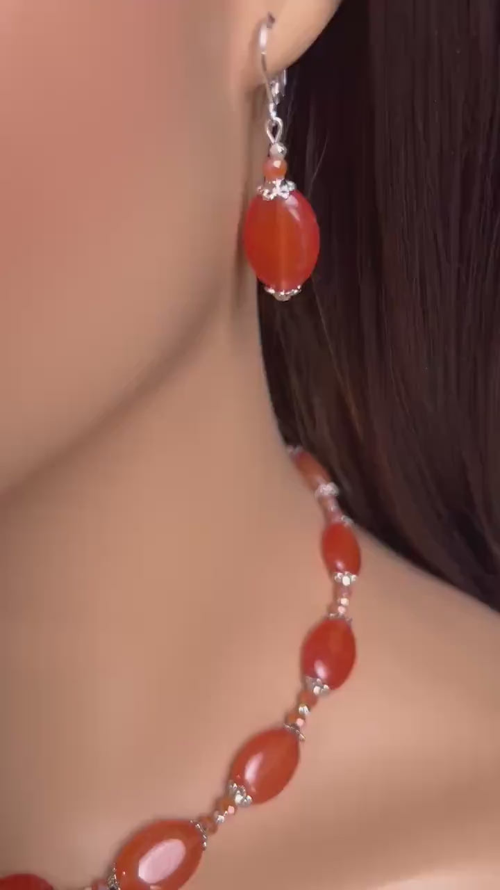 Natural Red Aventurine Peach aventurine 12x16mm oval Gemstones with Bali Style Spacers, peachy orange beads silver Necklace earrings set