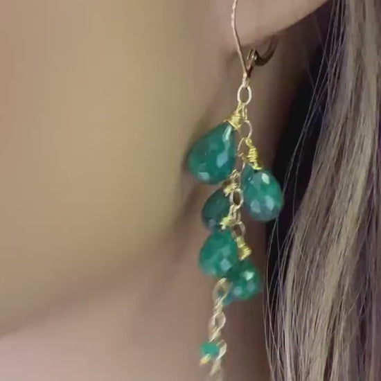 Natural Emerald Faceted  Briolette Pear-drop Emerald 14K Gold Filled cascade Lever back Earrings, elegant precious Gift For Her