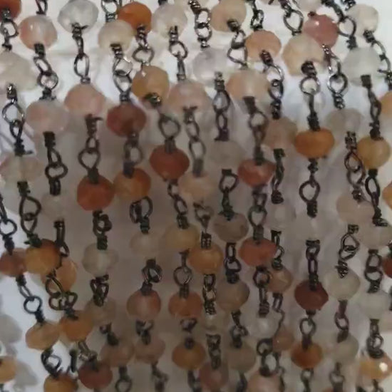 Hessonite Garnet, Silver Oxidized Faceted Natural Precious Gemstone 3-4mm Wire Wrapped Chain High Quality Layer Finished Necklace with Clasp