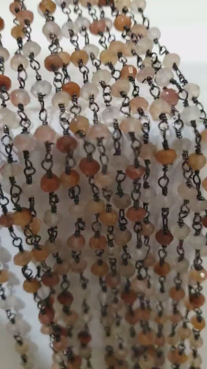 Hessonite Garnet, Silver Oxidized Faceted Natural Precious Gemstone 3-4mm Wire Wrapped Chain High Quality Layer Finished Necklace with Clasp