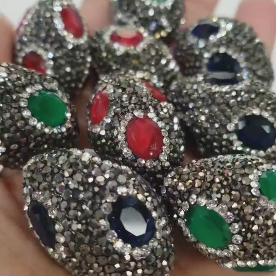 Ruby, sapphire, Emerald  20x31mm crystal quartz pave inlaid with black, white crystal oval connector, Focal bead, Bling, sold by 1 pc