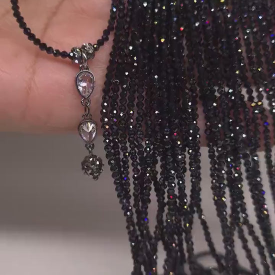Black Spinel Diamond Cut Choker Necklace with Cubic Zirconia Oxidized Teardrop and Rhinestone Black Diamond Ball Pendant Extendable Necklace