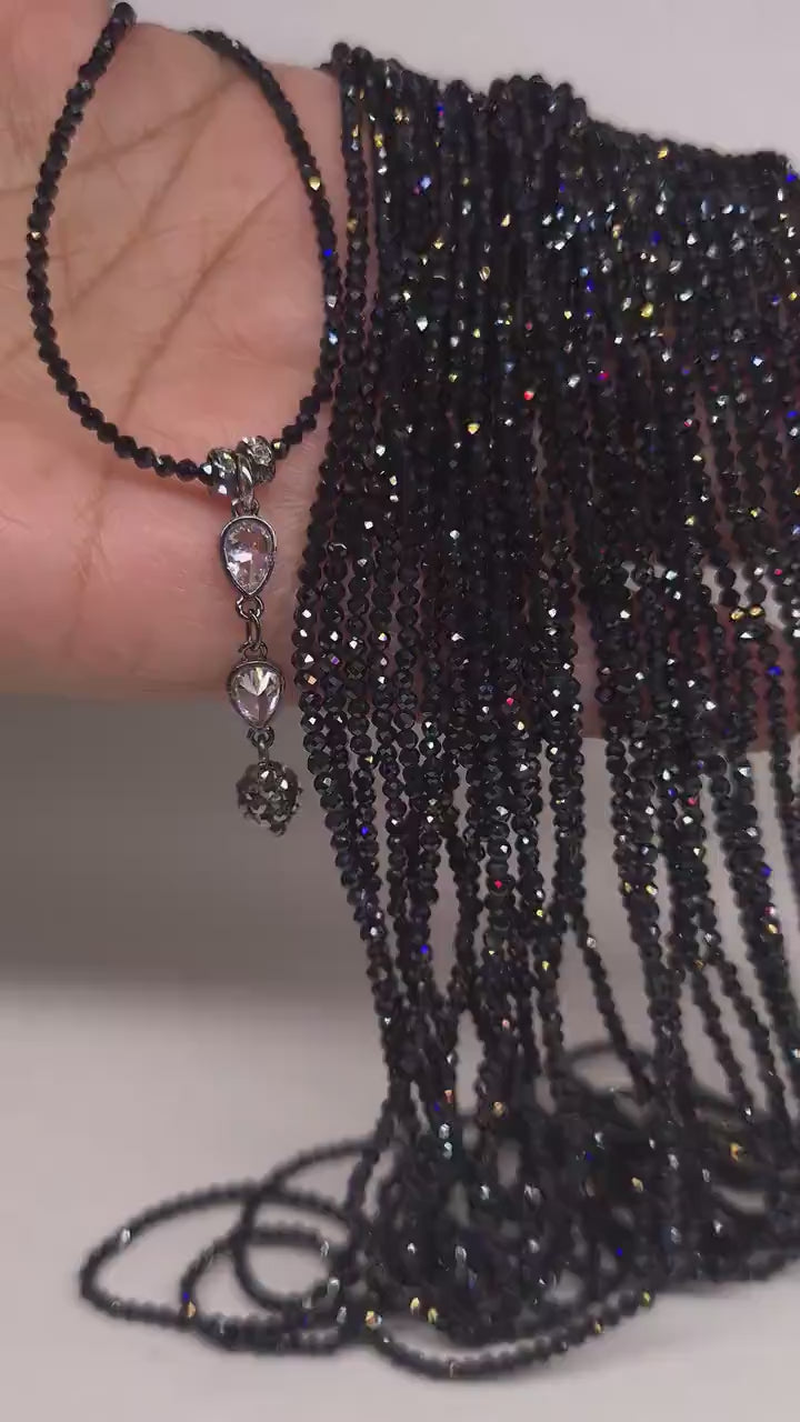 Black Spinel Diamond Cut Choker Necklace with Cubic Zirconia Oxidized Teardrop and Rhinestone Black Diamond Ball Pendant Extendable Necklace