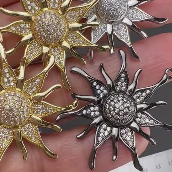 Cubic Zirconia CZ diamond micro pave Sunflower charm 35mm large pendant Jewelry Rhodium Silver Gold electroplated non tarnish