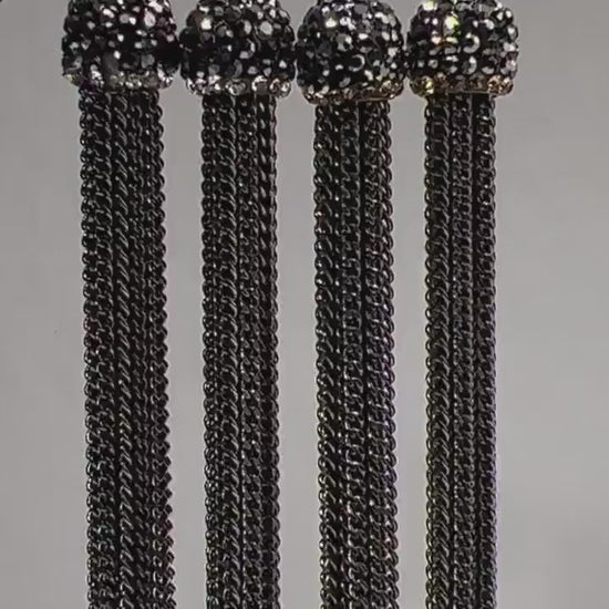 2 pieces black Gun Metal 10mm Rhinestone Crystal Cap Tassel with Gold, Silver line, Jewelry making Earrings, Pendant Findings.  70mm Long