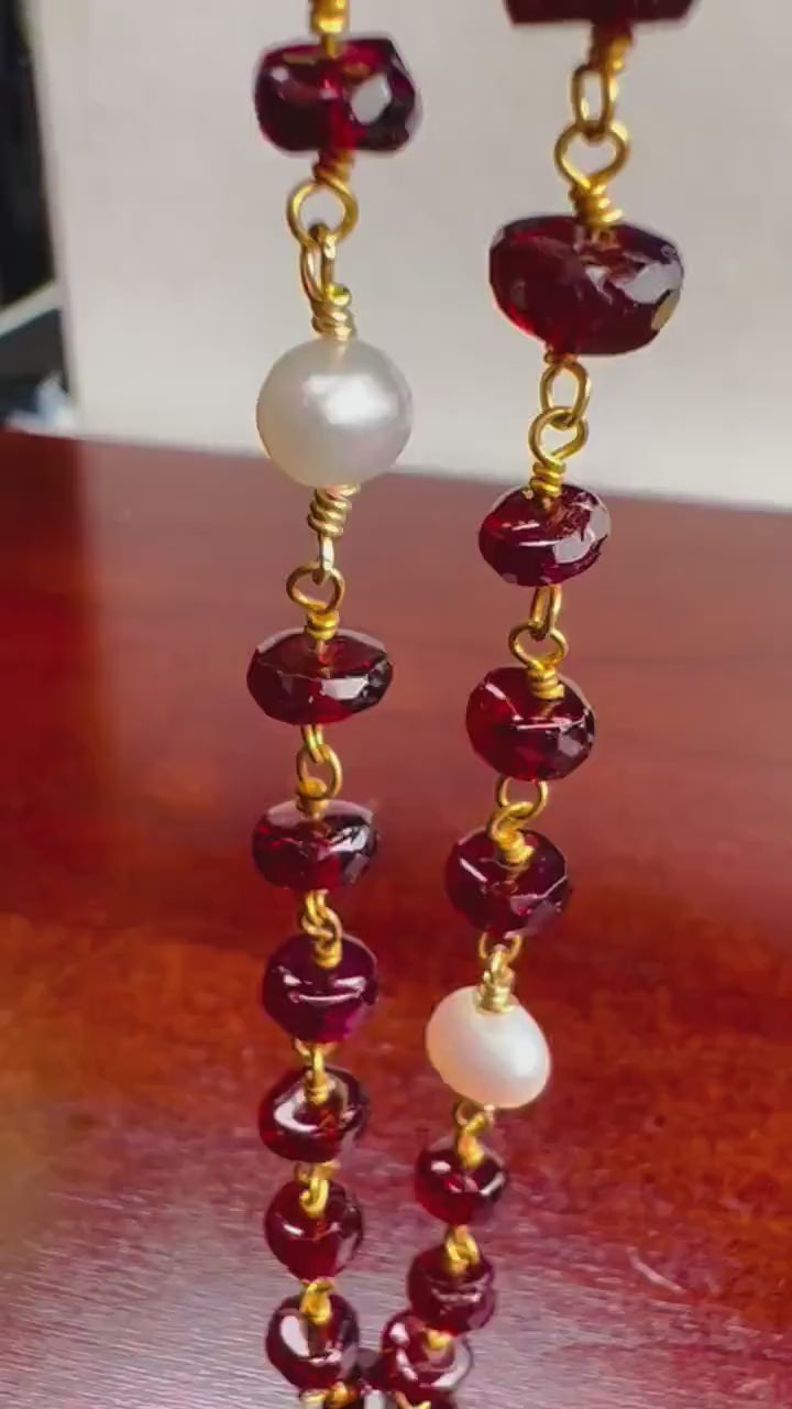 Mozambique Garnet  6mm AAA Roundel Choker wire wrapped handmade Necklace, Freshwater Pearl  Spacer, 14k Goldfilled, January Birthstone