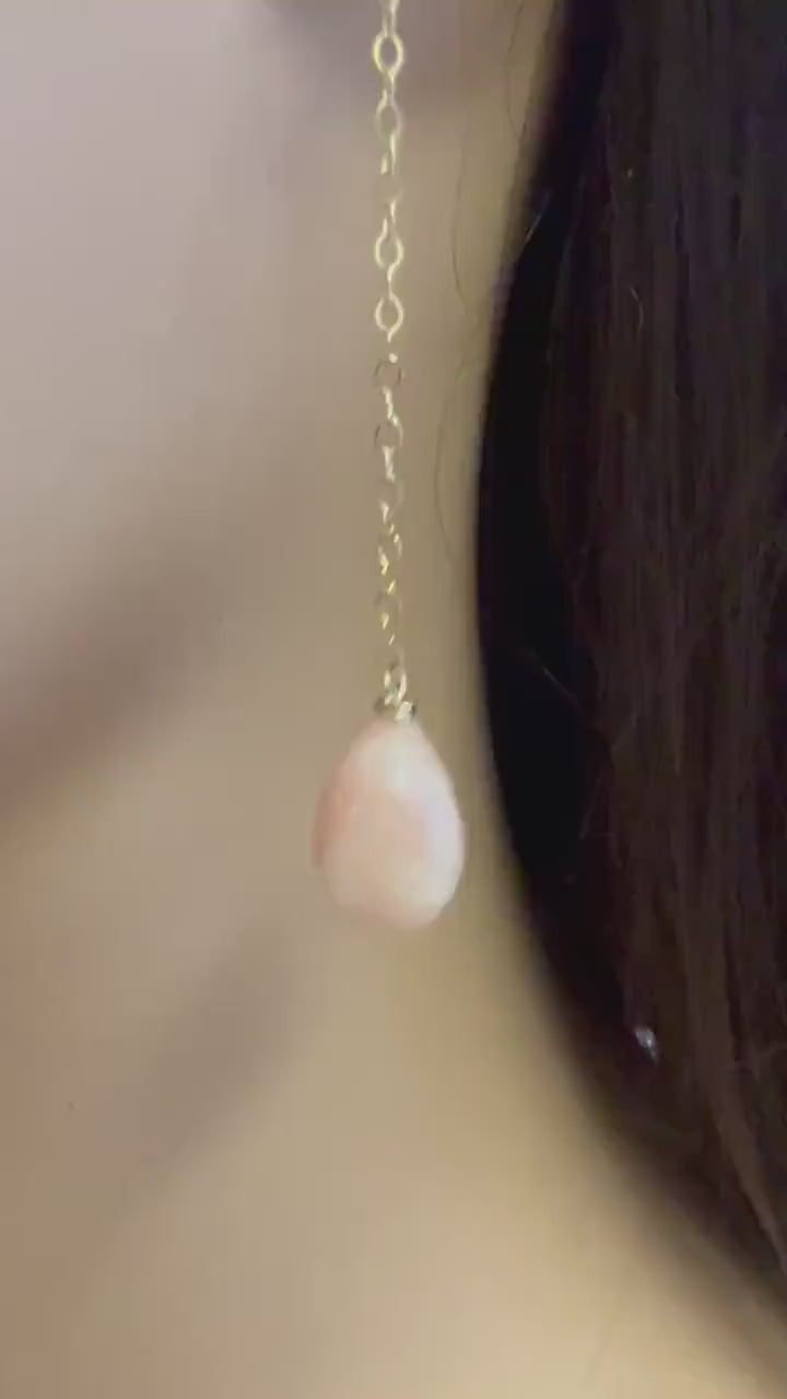 Pink  Opal Dangling Briolette tear Drop 8x12mm with 14K Gold Filled or 925 Sterling Silver Chain & Ear Wire, Soothing Gem