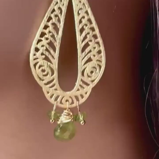 Brush Gold Vermeil with Natural Peridot dangling wire wrapped handmade Earring, August Birthstone