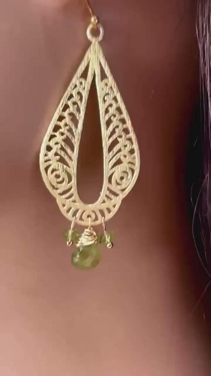 Brush Gold Vermeil with Natural Peridot dangling wire wrapped handmade Earring, August Birthstone