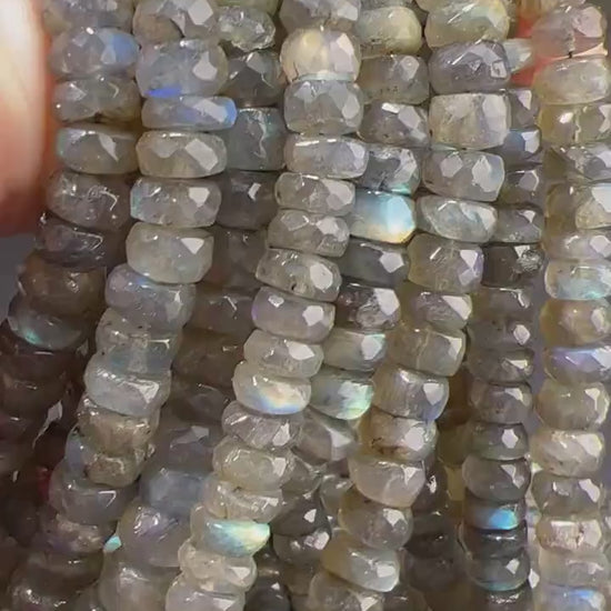Labradorite 9-10mm faceted wheel roundel , tire shape gemstone beads 7.5" strand , single or bulk