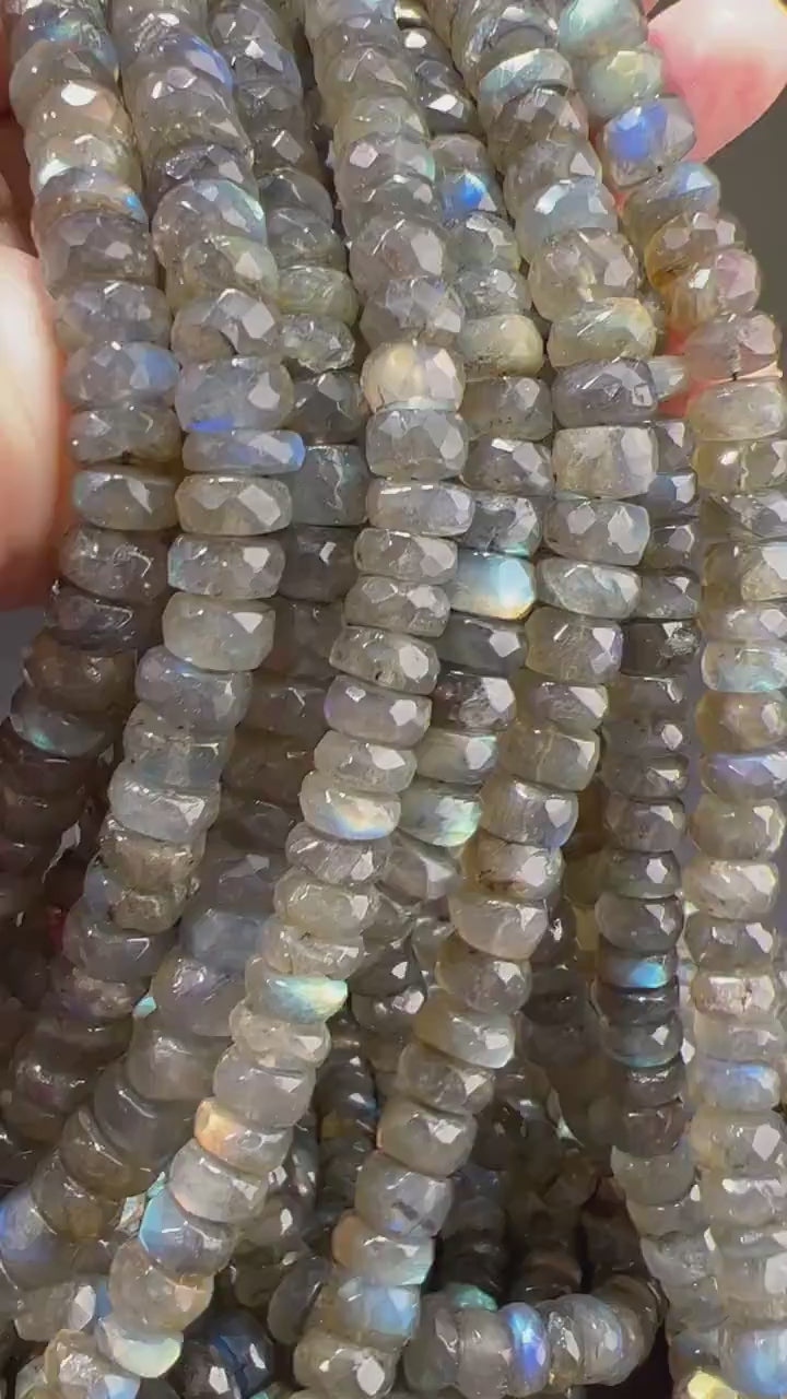 Labradorite 9-10mm faceted wheel roundel , tire shape gemstone beads 7.5" strand , single or bulk