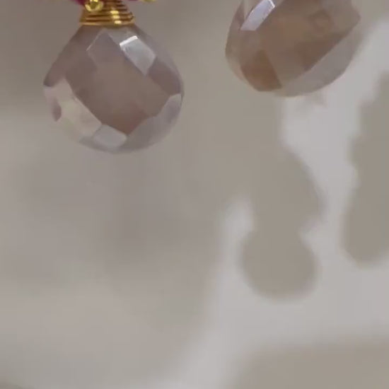 Genuine Ruby Cluster Wire Wrapped, Peach Moonstone Dangling Earrings in 14K Gold Filled Ear Wire, Valentine, Bridesmaid, Gift for her