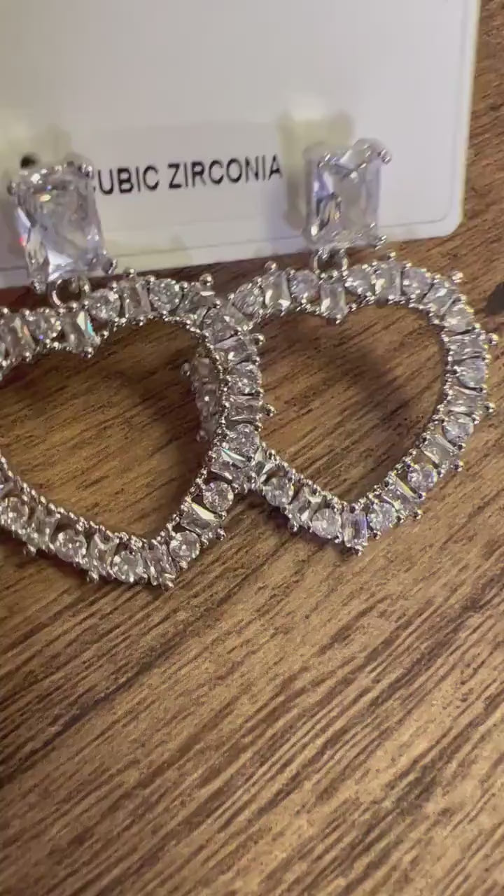 Cubic zirconia CZ diamond  heart shape dangling Clear CZ princess cut Fancy Post  Earrings, Valentine Evening Wear,Bridal, valentines Gift.