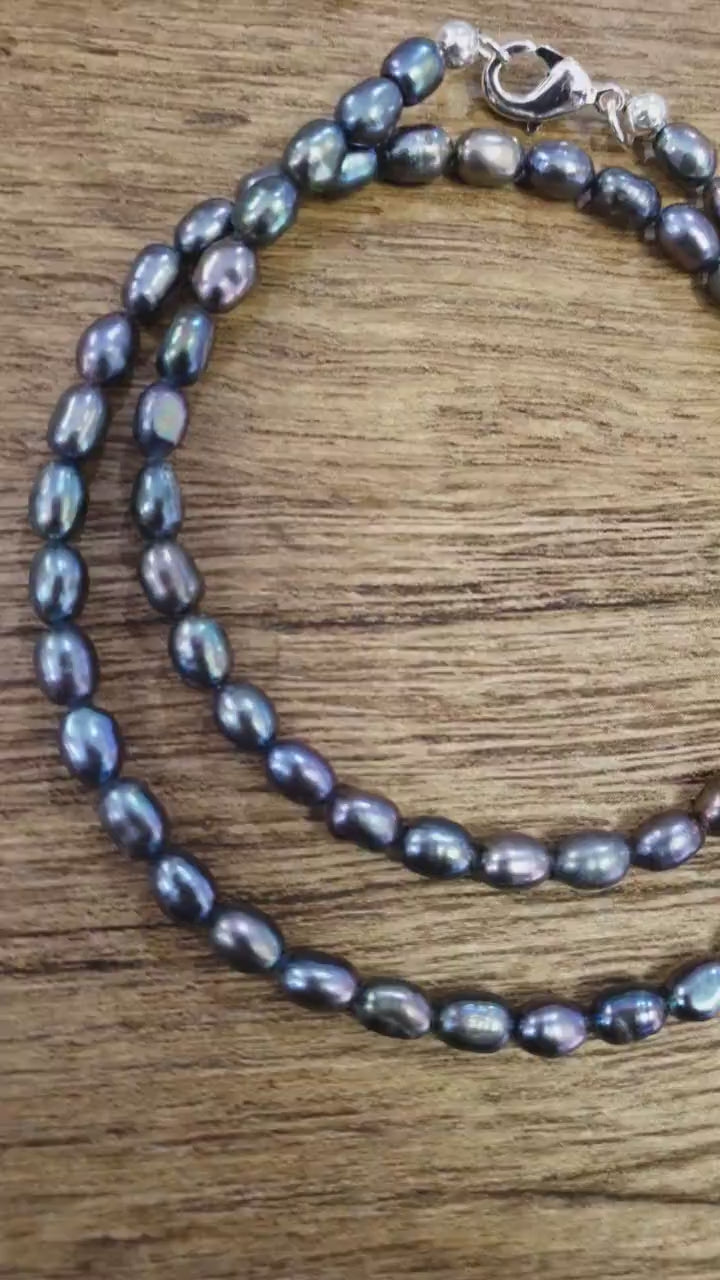 Natural Freshwater Peacock Gray Pearl 4x6 Rice Oval AAA high luster pearl in 925 Sterling Silver Necklace, Choker, Layering, Minimalist