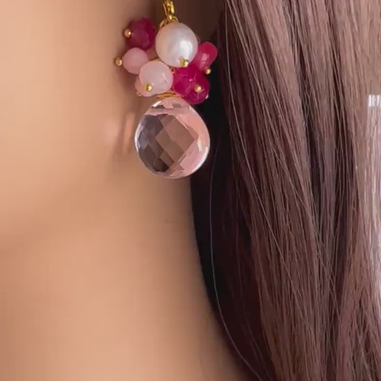 Pink opal , Freshwater pearl,hot pink chalcedony cluster dangling pink quartz heart drop gold Earrings .