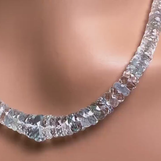 Natural Aquamarine Santa Maria wheel Heishi 4-9mm Micro Faceted Graduated Roundel necklace. Rare AAA clear gem quality 18” plus 3” extender