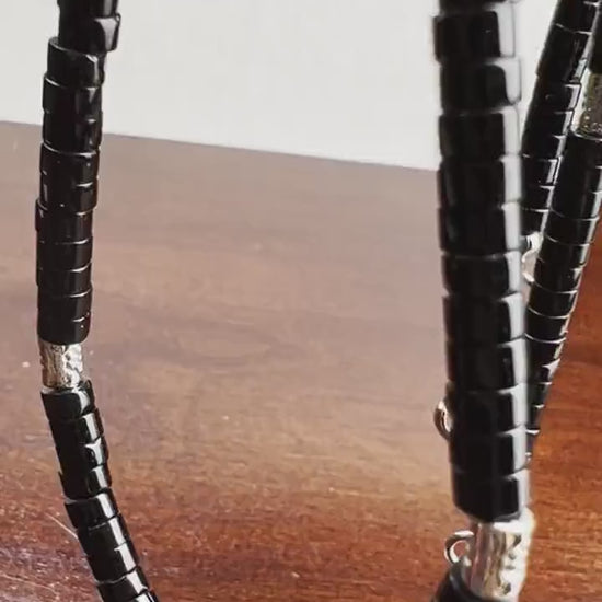 Natural Black Onyx Smooth Heishi 4mm washer bead, Silver Bali Style Spacers Rhodium Silver lobster Clasp Necklace for Men and Woman
