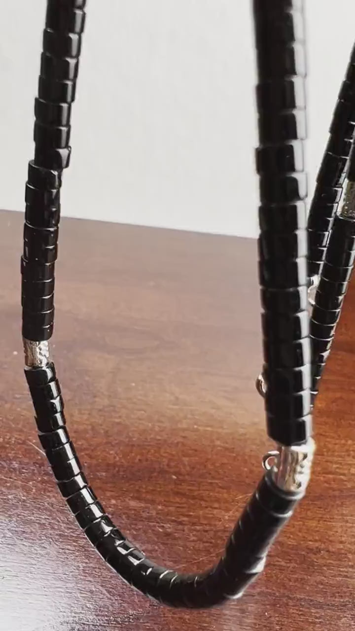 Natural Black Onyx Smooth Heishi 4mm washer bead, Silver Bali Style Spacers Rhodium Silver lobster Clasp Necklace for Men and Woman