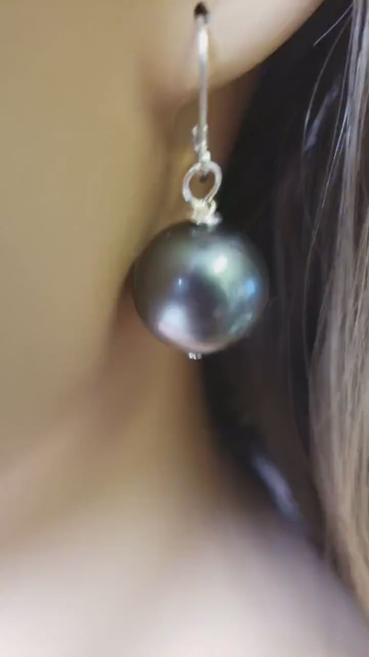 Dark Teal Green South Sea Shell Pearl 16mm high luster Leverback Earrings, Boho, Handmade Gift for Her