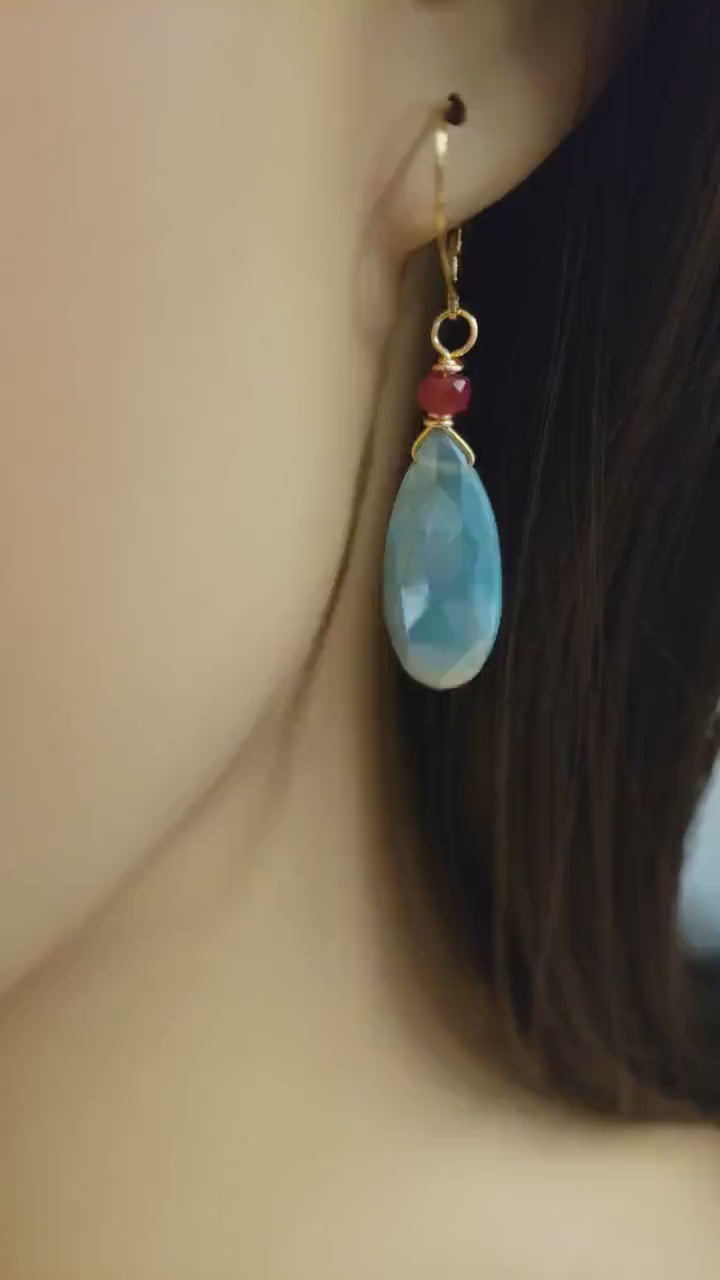 Blue Moonstone Faceted Long Pear Drop 8x20mmWire Wrapped, 4mm Genuine ruby accent 14k Gold Filled, 925 Sterling Silver Earring, Elegant Gift