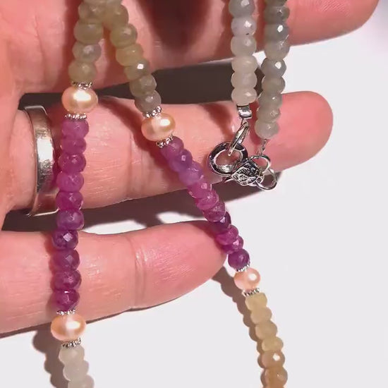 Natural Multi Sapphire, Faceted 5-5.5mm Rondelle with Pearl Multi Precious Gemstone in Silver Necklace