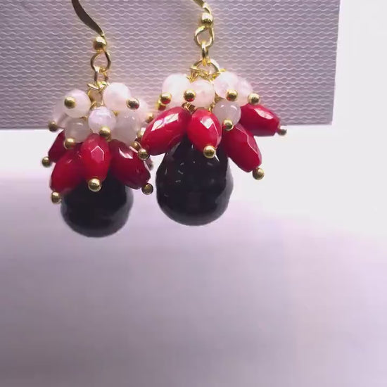 Moonstone and Bamboo Coral Dangling with Black south seashell Baroque Pearl Gold Earrings, Bridal, Boho, Handmade Gift for Her