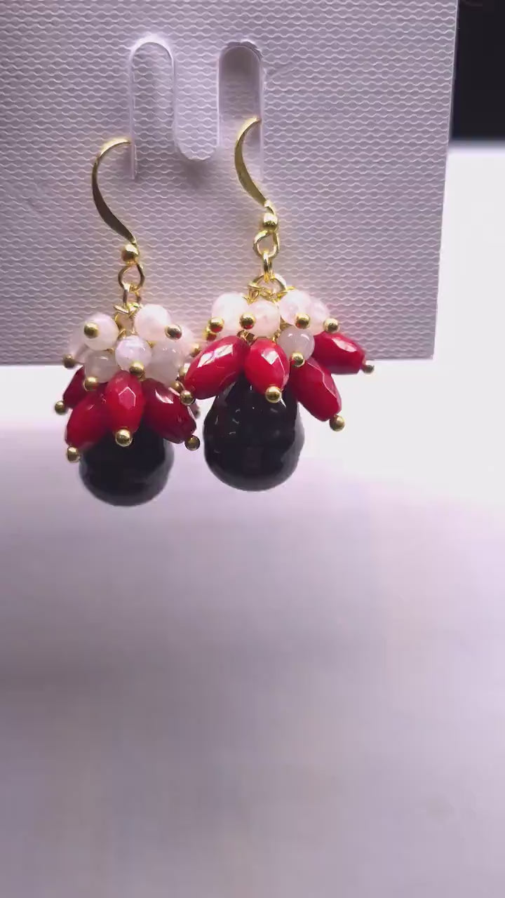 Moonstone and Bamboo Coral Dangling with Black south seashell Baroque Pearl Gold Earrings, Bridal, Boho, Handmade Gift for Her