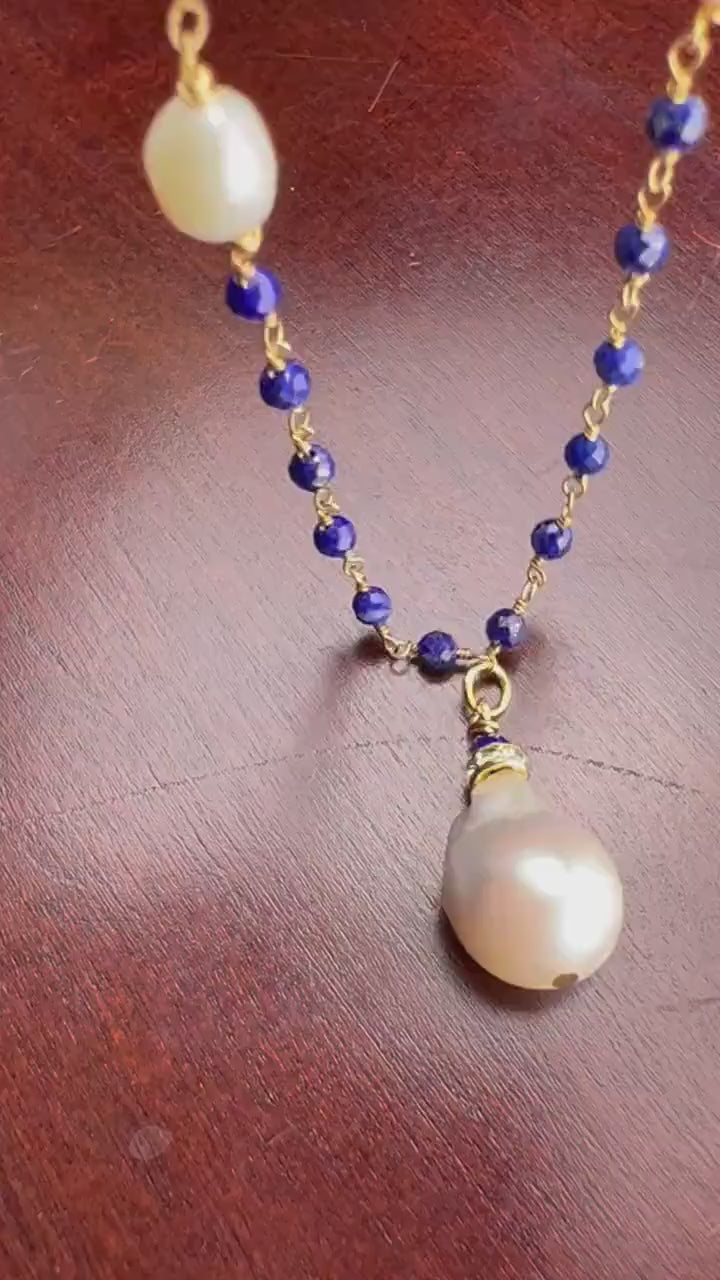 Lapis Lazuli 3mm Faceted Chain, Dangling Freshwater Baroque Pearl Pendant, Spacer 7mm Freshwater Potato Pearl Gold Elegant Necklace, gift