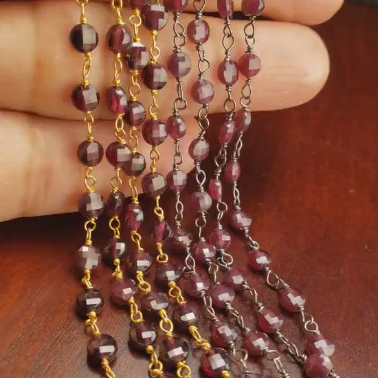 Garnet Coin Shape Wire Wrapped 4mm Faceted dime Gold and Oxidized silver handmade elegant Necklace gift. January Birthstone