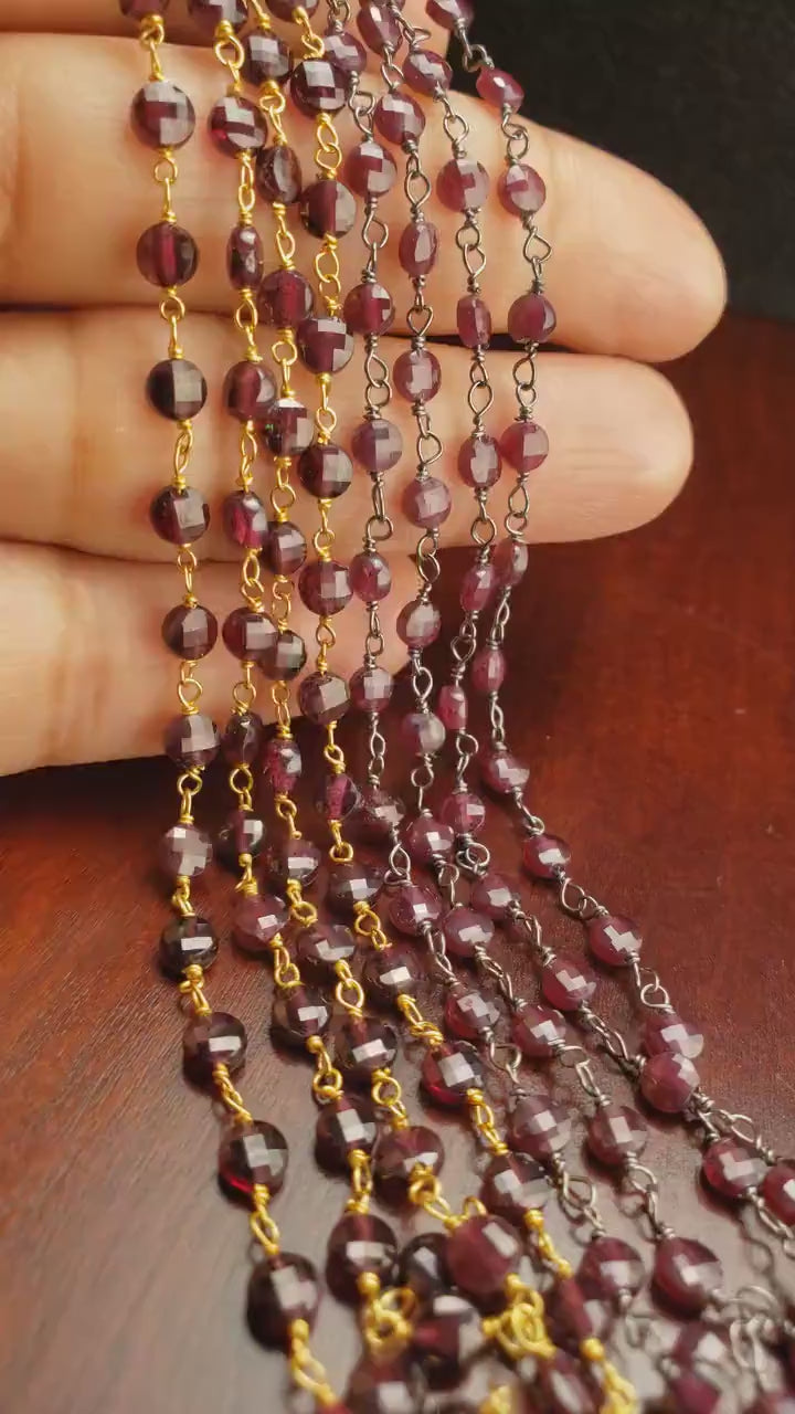 Garnet Coin Shape Wire Wrapped 4mm Faceted dime Gold and Oxidized silver handmade elegant Necklace gift. January Birthstone