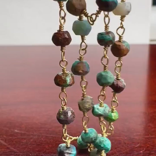 Natural Chrysocolla 4.5mm faceted roundel wire wrapped rosary gold chain Necklace
