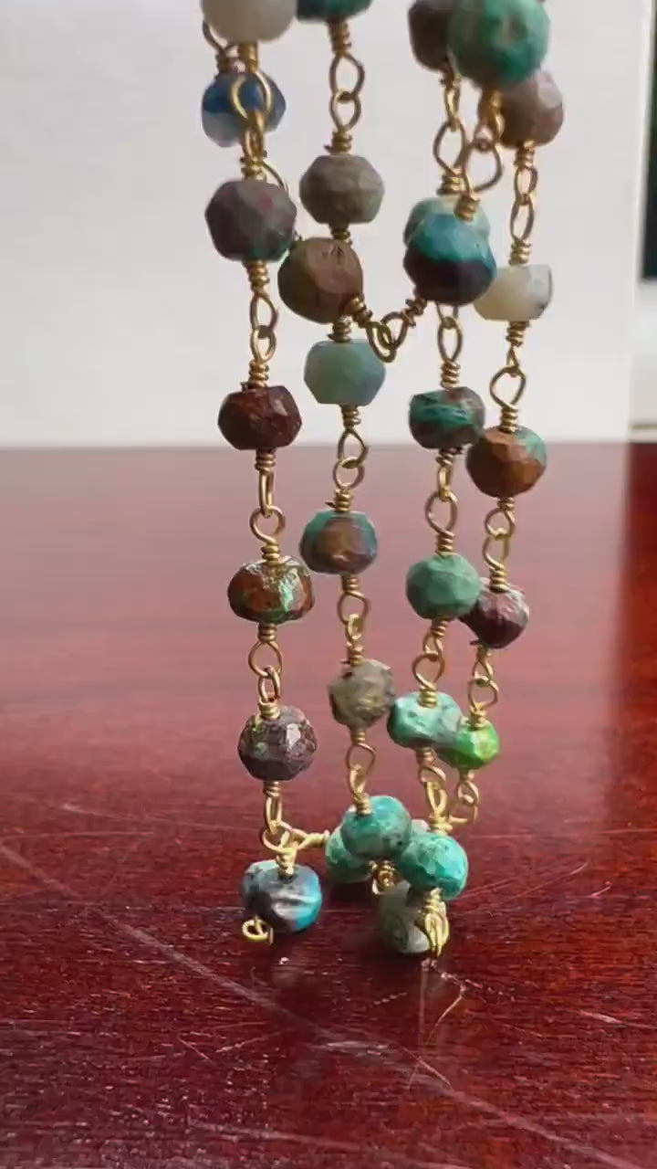 Natural Chrysocolla 4.5mm faceted roundel wire wrapped rosary gold chain Necklace