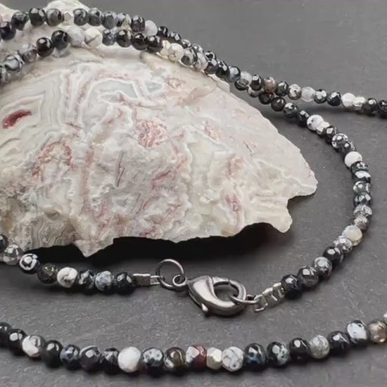 Black and white Madagascar fire agate Micro Faceted 3mm Round AAA Beaded choker layering necklace gift for Men and woman