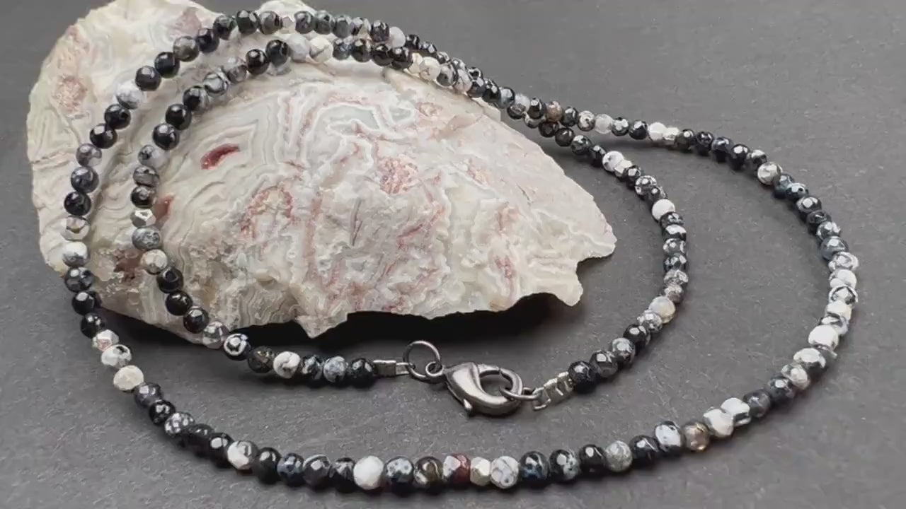 Black and white Madagascar fire agate Micro Faceted 3mm Round AAA Beaded choker layering necklace gift for Men and woman