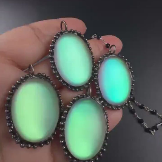 Aurora Opal glow Pendant with Black spinel silver vintage style Necklace. 25x38mm Aurora borealis pendant very beautiful gift