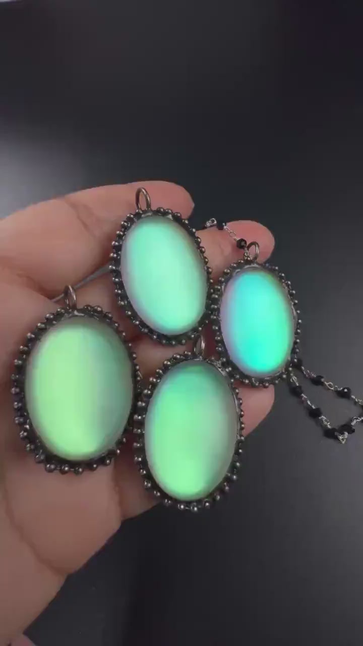 Aurora Opal glow Pendant with Black spinel silver vintage style Necklace. 25x38mm Aurora borealis pendant very beautiful gift
