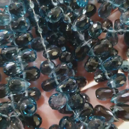 Genuine Natural London Blue Topaz Teardrop 4x7.5-9mm Faceted Diamond Cut Briolette Beads, AAA High Quality Natural London Blue Topaz