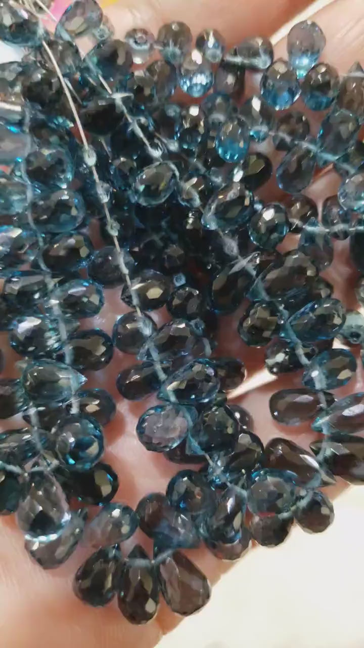 Genuine Natural London Blue Topaz Teardrop 4x7.5-9mm Faceted Diamond Cut Briolette Beads, AAA High Quality Natural London Blue Topaz