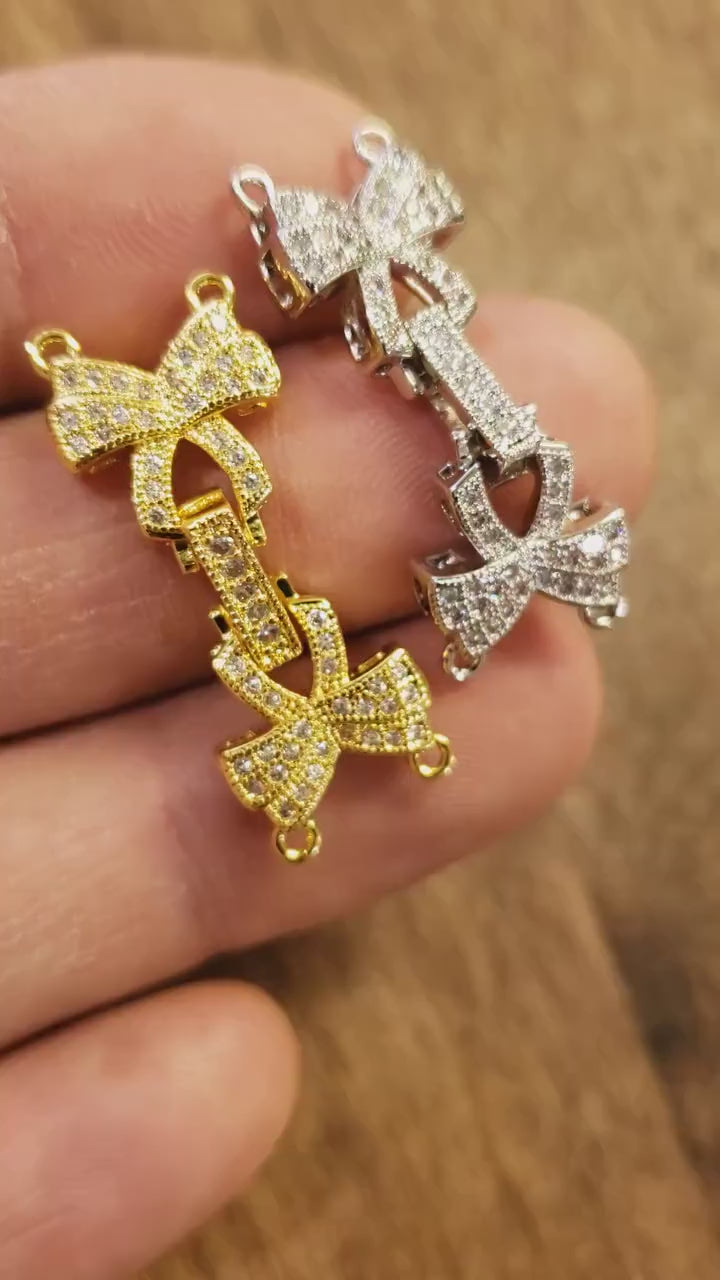 Cubic Zirconia CZ Diamond Micro Pave Sterling Silver Rhodium Ribbon Fancy Enhancers Clasp, High End Jewelry Making Clasp, 12x33mm