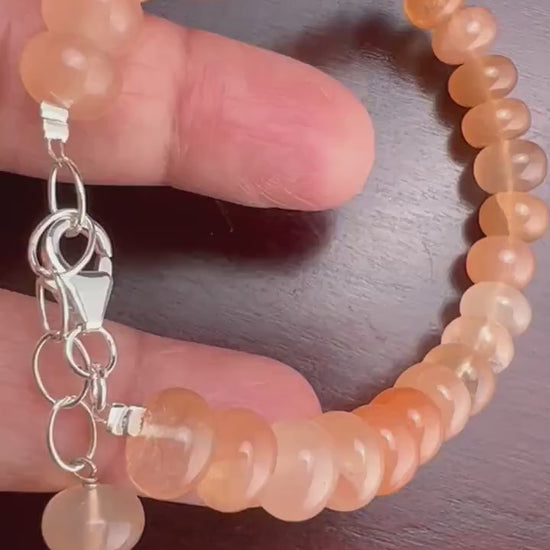 Natural Peach Moonstone 2 tone smooth roundel 8-8.5mm large multi peachy pink with 925 sterling silver Bracelet with 1" extension