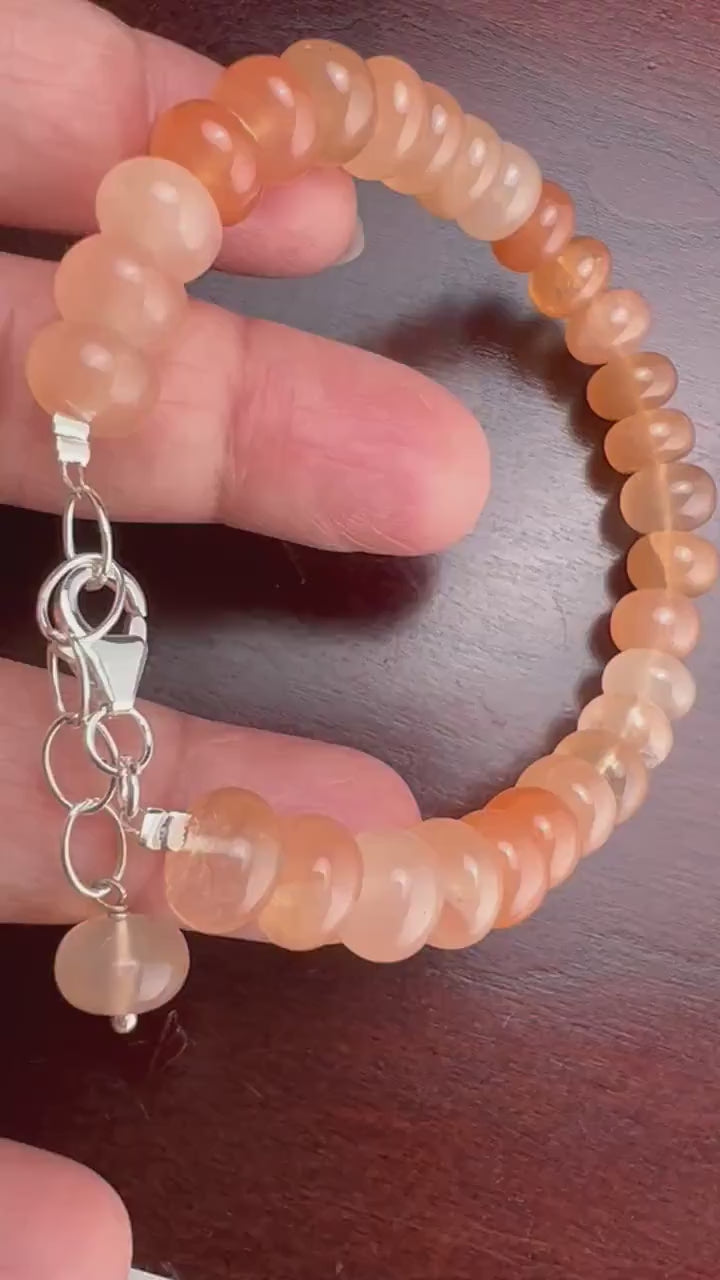 Natural Peach Moonstone 2 tone smooth roundel 8-8.5mm large multi peachy pink with 925 sterling silver Bracelet with 1" extension