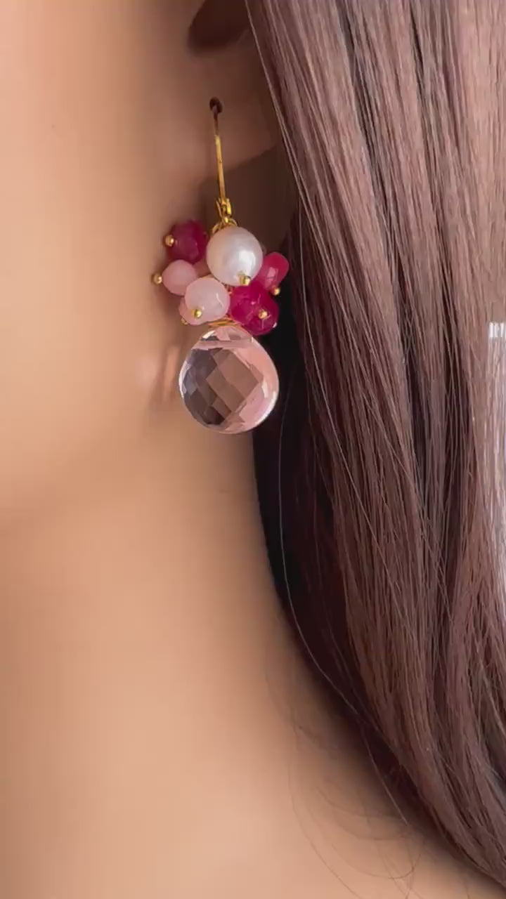 Pink opal , Freshwater pearl,hot pink chalcedony cluster dangling pink quartz heart drop gold Earrings .