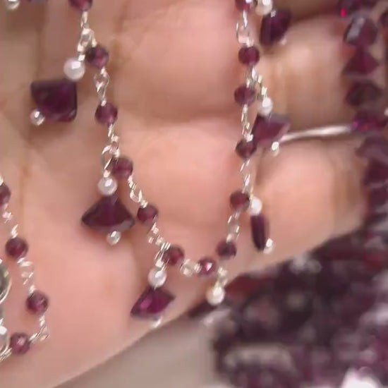 Genuine Garnet Faceted Merlot Red Silver Clusters and Dangling 5x7mm Triangular Garnet Freshwater Pearl 925 Sterling Silver Clasp, Bridal.