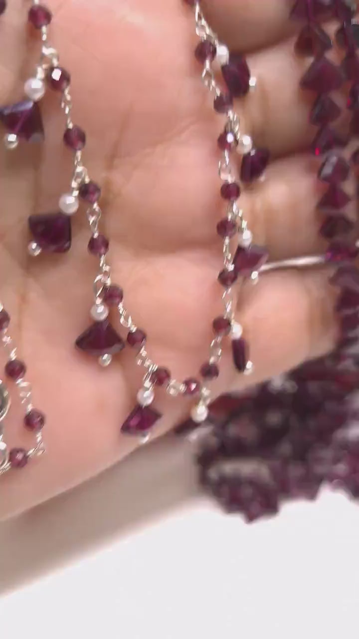 Genuine Garnet Faceted Merlot Red Silver Clusters and Dangling 5x7mm Triangular Garnet Freshwater Pearl 925 Sterling Silver Clasp, Bridal.