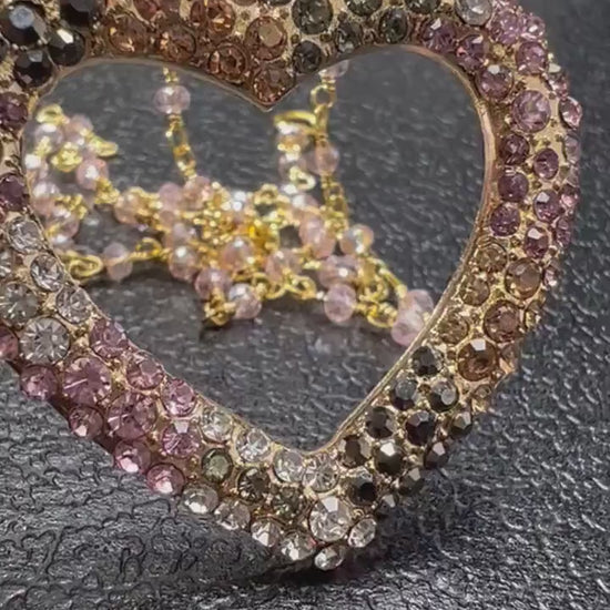 Cubic Zirconia CZ Diamond Style 39mm Heart Pendant, Gold Pink Crystal Wire Wrapped chain Necklace, valentines Gift for her