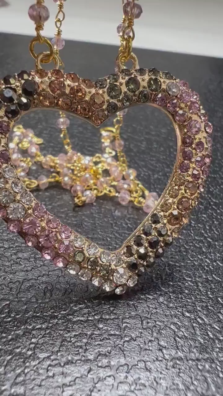 Cubic Zirconia CZ Diamond Style 39mm Heart Pendant, Gold Pink Crystal Wire Wrapped chain Necklace, valentines Gift for her