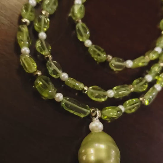 Peridot 3 Layered Necklace, Freshwater Pearl, Pyrite, South seaShell baroque Pendant