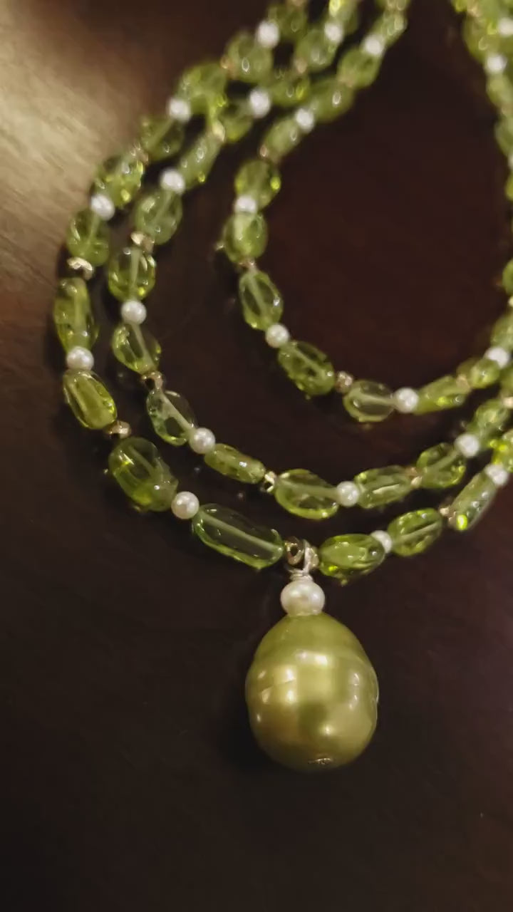 Peridot 3 Layered Necklace, Freshwater Pearl, Pyrite, South seaShell baroque Pendant