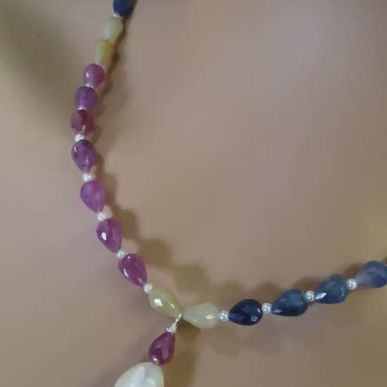 Natural Multi Sapphire briolette drop 6x8, Baroque Pearl Pendant, freshwater Pearl spacer 925 Sterling silver Adjustable Necklace, Elegant