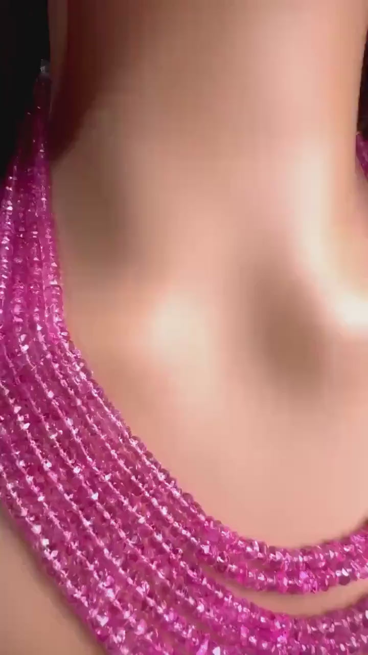 Genuine Pink Topaz 7 layers Faceted Rondelle Gemstone Necklace.AAA clear quality sweet fuchsia pink magenta 20” plus adj  thread 759 cts